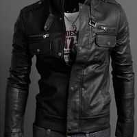 MEN STAND COLLAR LEATHER JACKET, MENS BLACK JACKET, MEN'S BIKER LEATHER JACKET - Thumbnail 1