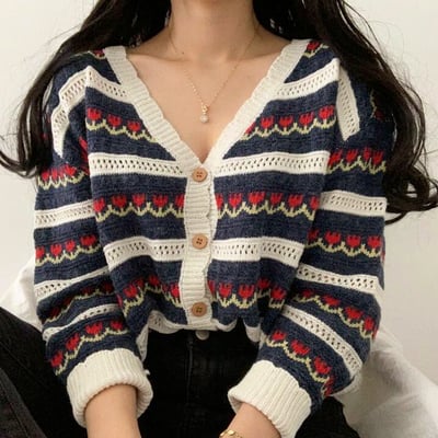 Retro Flower Hollow Out Knit Cardigan