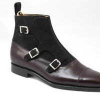 Handmade mens Brown triple monk ankle boots, Men suede and leather cap toe boots - Thumbnail 4