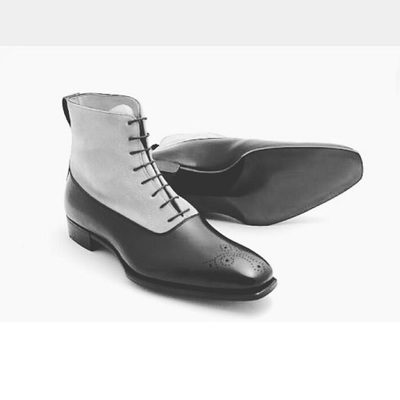 Men's ankle leather boots, men two tone boots men black and light gray boot - Thumbnail 3