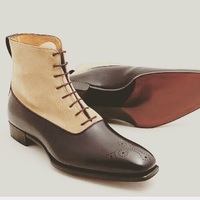 Handmade Men Two Tone Ankle Boots, Men Brown And Beige Suede Lace Up Boots - Thumbnail 1