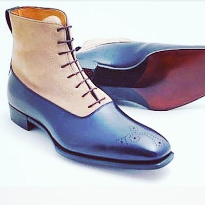 Handmade men two tone ankle boots, men blue and beige suede lace up boots - Thumbnail 4