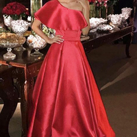 Gorgeous A-Line One Shoulder Open Back Red Satin Long Prom Dresses with Ruffle,Evening Party Dresses - Thumbnail 1