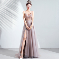 Stylish v neck tulle beads long prom dress formal dress - Thumbnail 3