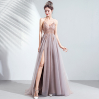 Stylish v neck tulle beads long prom dress formal dress - Thumbnail 4