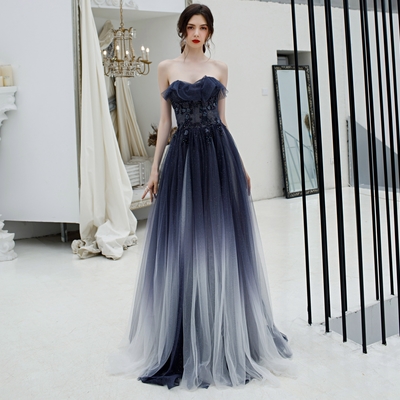 A line strapless tulle long prom dress formal dress