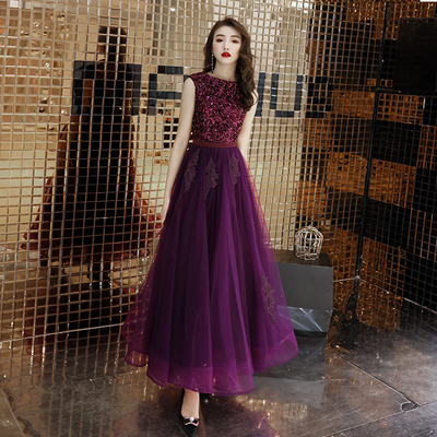 Purple tulle sequins prom dress evening dress - Thumbnail 4