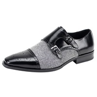 Handmade Two Tone Gray Tweed Black Leather Shoes Double Monk Formal Shoes Men's - Thumbnail 4