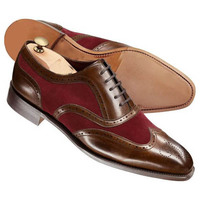 Handmade Men brown and Burgundy wing tip shoes, Men two tone formal shoes - Thumbnail 4