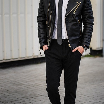 New men fashion trend black motorcycle leather jacket, men biker fashion