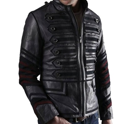 Men black military leather jacket men military style jacket, men leather jacket