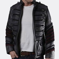 Men Black Military Leather Jacket Men Military Style Jacket, Men Leather Jacket - Thumbnail 1