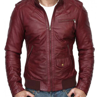 Men maroon color slim fit leather jacket. men fashion biker leather jacket