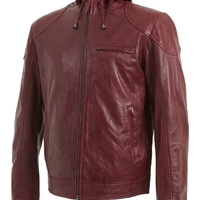 Men Maroon Hooded Leather Jacket, Men Leather Hooded Jacket, Men Jackets - Thumbnail 1
