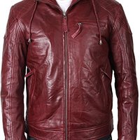 Men Maroon Hooded Leather Jacket, Men Leather Hooded Jacket, Men Jackets - Thumbnail 3