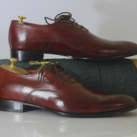 Handmade Burgundy Brogue Toe Shoes Stylish Leather Lace Up Shoes For Men's - Thumbnail 1