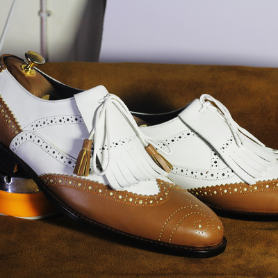 Handmade 2 tone wing tip fringe tussle shoes stylish leather shoes for men's - Thumbnail 1