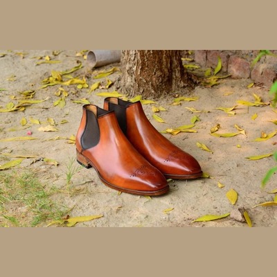 Handmade men tan color chelsea leather boots, men brogue chelsea boots, men boots - Thumbnail 3