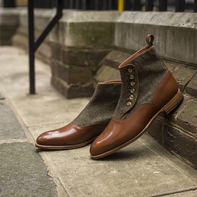 Handmade men two toned button boots men brown tweed and leather button boot - Thumbnail 5