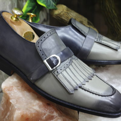 Handmade gray fringe monk straps shoes stylish leather shoes for men's - Thumbnail 2