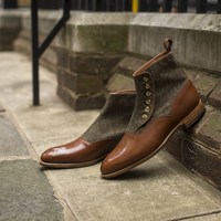 Handmade Men Two Toned Button Boots Men Brown Tweed And Leather Button Boot - Thumbnail 4