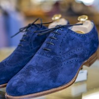 Handmade Mens Royal Blue Suede Shoes, Men Wingtip Royal Blue Party Shoes - Thumbnail 1