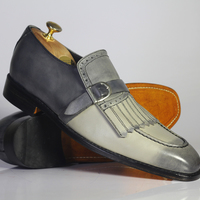Handmade Gray Fringe Monk Straps Shoes Stylish Leather Shoes For Men's - Thumbnail 2