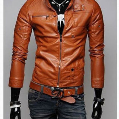 Tan color leather jacket men's, slim fit biker jacket, motorcycle jacket men - Thumbnail 5