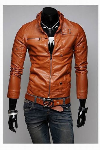 TAN COLOR LEATHER JACKET MEN'S, SLIM FIT BIKER JACKET, MOTORCYCLE JACKET MEN