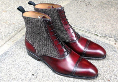Handmade Cap Toe Boots Ankle Burgundy Leather Tweed Formal Casual Dress Boots