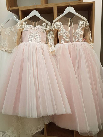 Cute A-Line Round Neck Cap Sleeve Blush Tulle Long Flower Girls Dresses with Appliques,Birthday Party Dresses