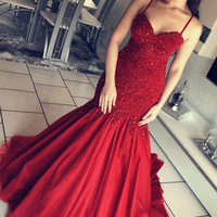 Glamorous Mermaid Sweetheart Spaghetti Straps Open Back Red Tulle Long Prom Dresses with Appliques,Formal Evening Party Dresses - Thumbnail 1