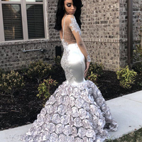 Unique Mermaid Boat Neck V Back Long Sleeved Silver Satin Long Prom Dresses with Appliques Flowers,Formal Evening Party Dresses - Thumbnail 1