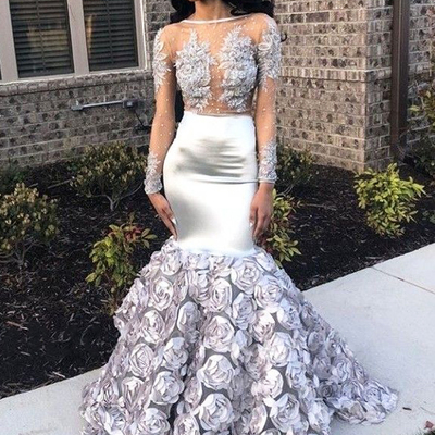 Unique mermaid boat neck v back long sleeved silver satin long prom dresses with appliques flowers,formal evening party dresses - Thumbnail 4