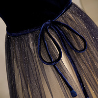 Blue velvet tulle long prom dress formal dress - Thumbnail 1