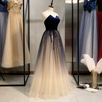 Blue velvet tulle long prom dress formal dress - Thumbnail 2