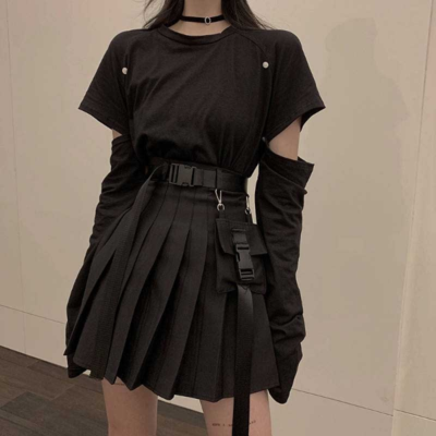 Pleated punk style gothic harajuku black and grey skirt - Thumbnail 3