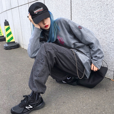 Free shipping-90s washed black jogger jeans - Thumbnail 2