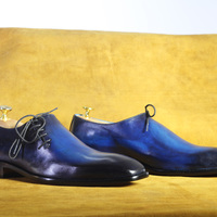 Handmade Blue Shoes Stylish Leather Side Lace Up Shoes For Men's - Thumbnail 1