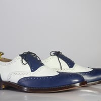 Handmade Blue White Wing Tip Shoes Stylish Pebbled Leather Lace Up Shoes For Men's - Thumbnail 1