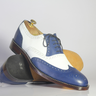 Handmade blue white wing tip shoes stylish pebbled leather lace up shoes for men's - Thumbnail 3