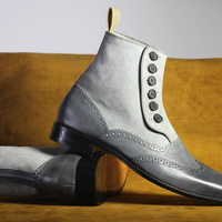 Men's Handmade Gray Ankle Boots,Button Top Wing Tip Leather & Suede Boots - Thumbnail 1
