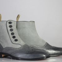 Men's Handmade Gray Ankle Boots,Button Top Wing Tip Leather & Suede Boots - Thumbnail 2