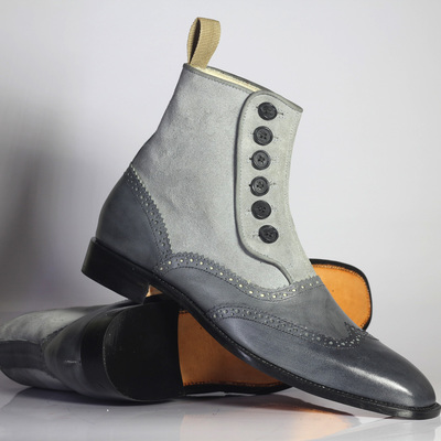 Men's handmade gray ankle boots,button top wing tip leather & suede boots - Thumbnail 5