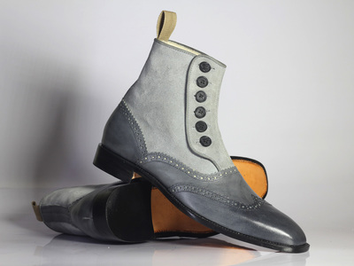 Men's Handmade Gray Ankle Boots,Button Top Wing Tip Leather & Suede Boots