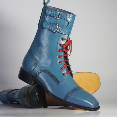 Handmade men's ankle high blue cap toe double monk lace up leather boot - Thumbnail 2