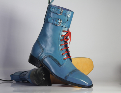 Handmade Men's Ankle High Blue Cap Toe Double Monk Lace Up Leather Boot