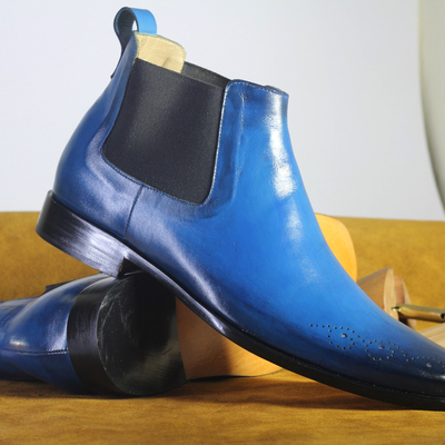 Handmade men's blue half ankle chelsea boot, men's black leather chelsea casual boot. - Thumbnail 4