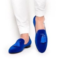 Mens Royal Blue Tassels Loafer Velvet Shoes, Men Blue Velvet Shoes, Velvet shoes - Thumbnail 1