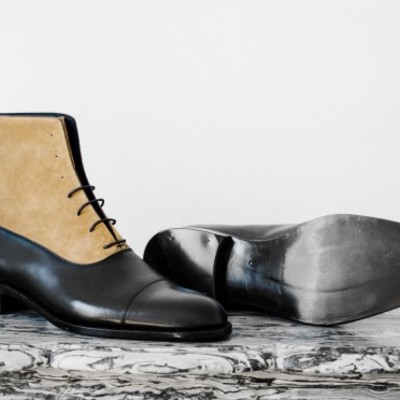 Men two tone boots men tan and black lace up boot men ankle leather cap toe boot - Thumbnail 5